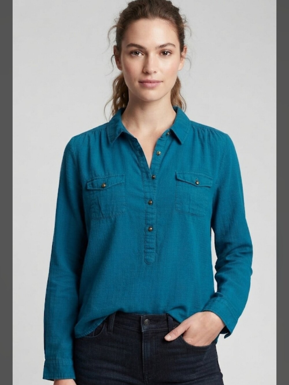 Old Navy Teal Blue 100% Cotton 3/4 Pewter Button Pullover Top Size Large